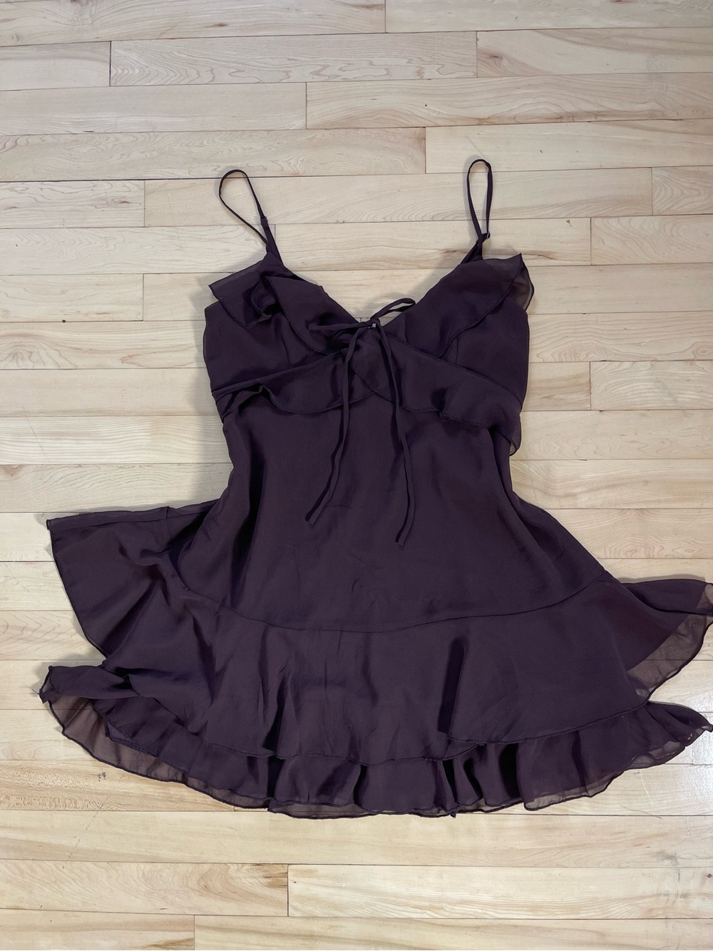 Fairycore Tiered Ruffle Mini Dress in Espresso/Plum